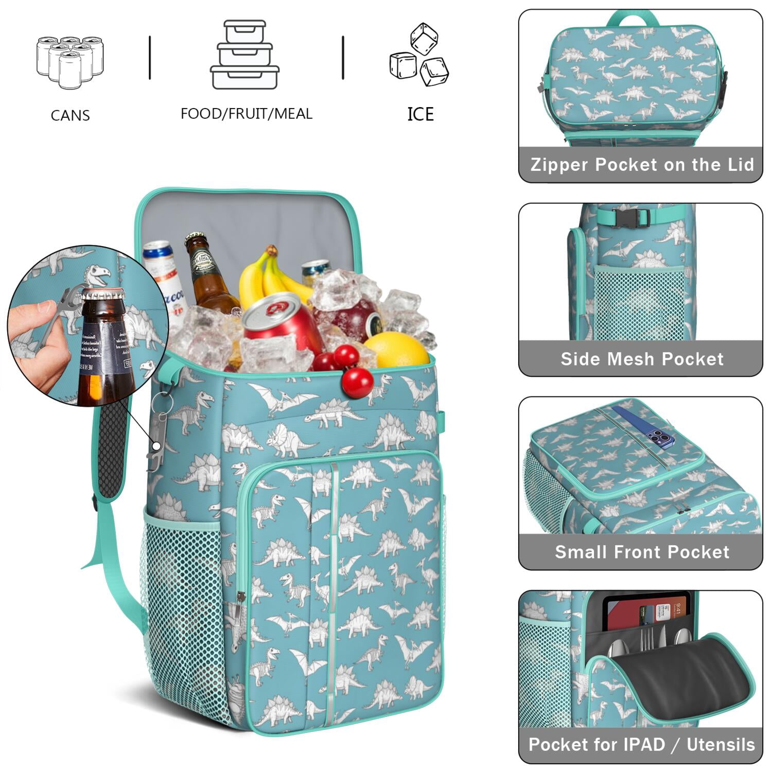 Travel Cooler Bag - Blue Dinosaurs Skeletons Pterosaurs Pattern Camping Beer Cooler Backpack with Bottle Opener- Waterproof Insulated Picnic Backpacks - Cooler Bag for Beach