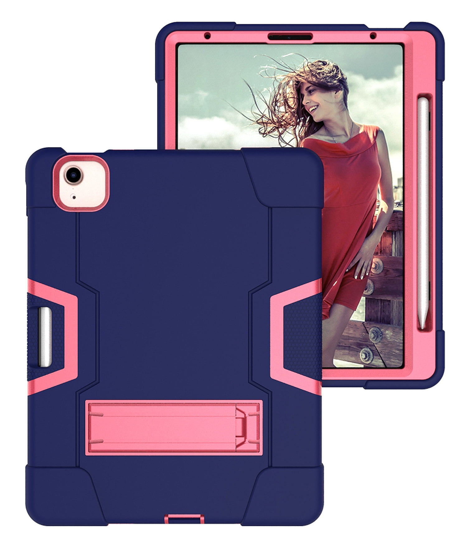 Allytech iPad Air 5 Case 2022, iPad Air 4 Case 2020, Heavy Duty Protection Shockproof Build In Kickstand Pencil Holder Kids Friendly Case for Apple iPad Air 5th 4th Generation, BlackNavyblue/Rose