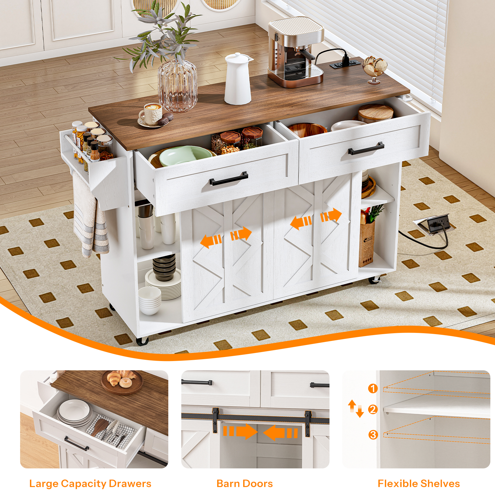 HOOBRO Kitchen Island with Storage, Power Outlet, Rolling Kitchen Island Cart on Wheels, with 2 Drawers, Sliding Barn Doors and Lockable Wheels, Farmhouse, White and Walnut WH28UZD01