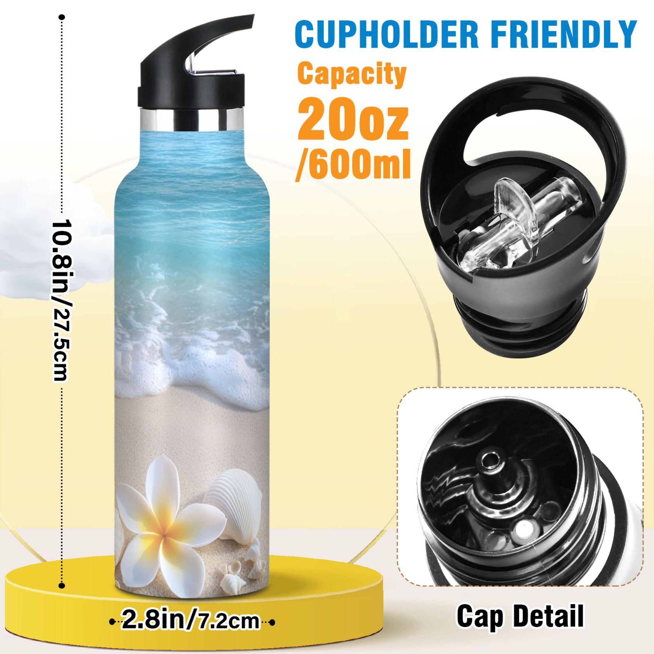 600ML Stainless Steel Insulated Cup Sports Water Bottle Portable Thermos Cup Water Glasses Insulated Tumblers Convenient and Durable Sea Shell