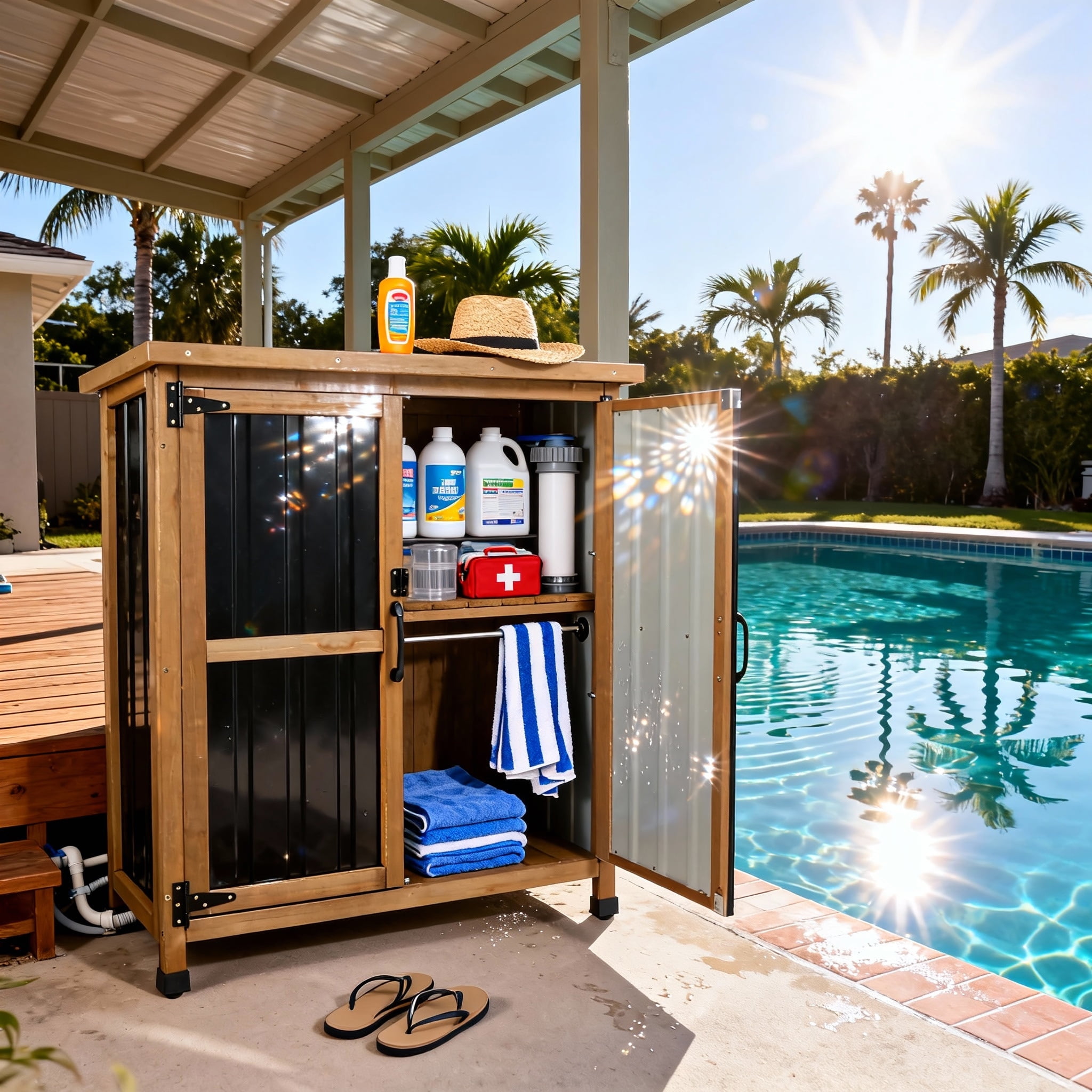 Outdoor Storage Cabinet Wood Storage Shed Waterproof Roof, Double Lockable Doors Garden Shed with Removable Shelves for Patio, Garden
