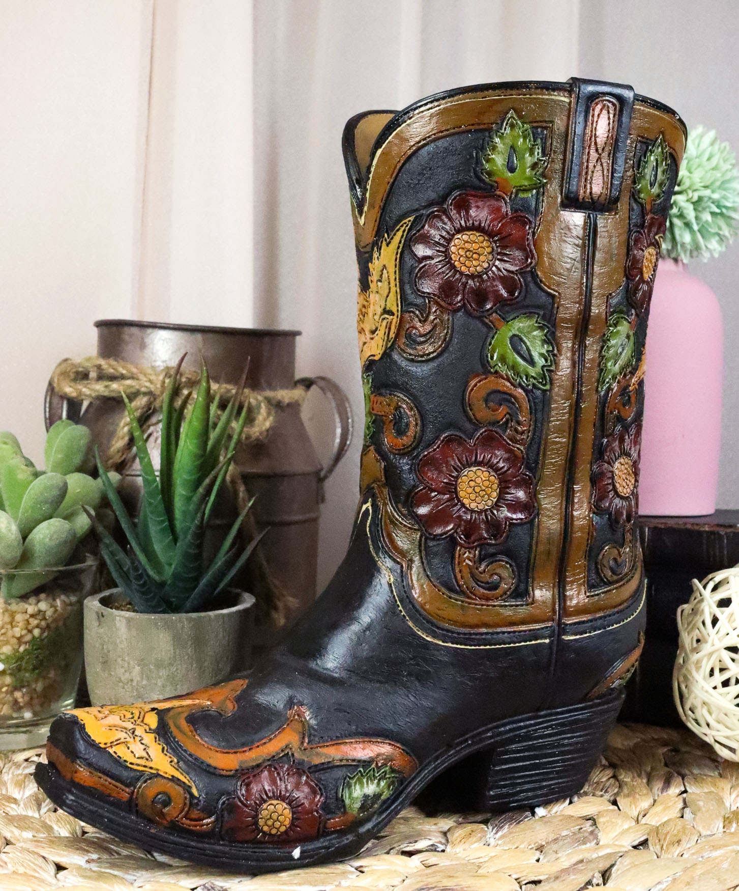 Rustic Boot Decor Rustic Western Faux Tooled Leather Cowboy Floral Blooms Boot Planter ...