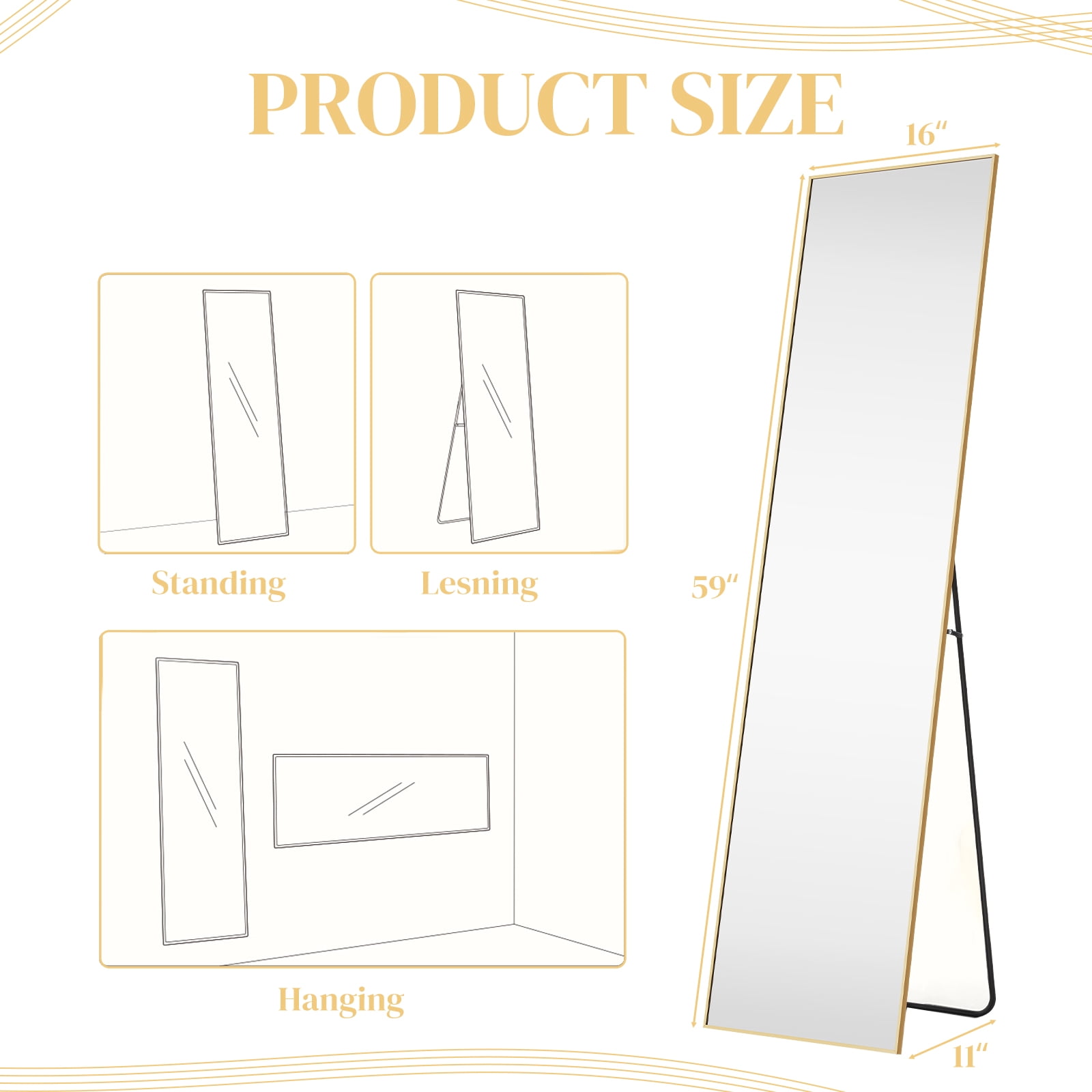 59"x16" Full Length Mirror Standing Rectangle Floor Mirrors Body Dressing Wall-Mounted Mirror, Gold