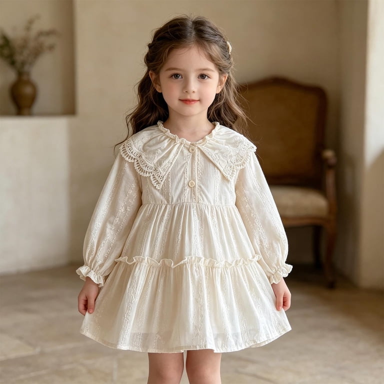 girls cream lace dress Y-Sunset Girl Lace Collar Long Sleeve Dress, Cream Ruffle Tiered A-Line  Dress, Kids Embroidered Casual Dress for Wedding Birthday Party, Little  Girls Vintage Special Occasion Outfit(Beige/80)