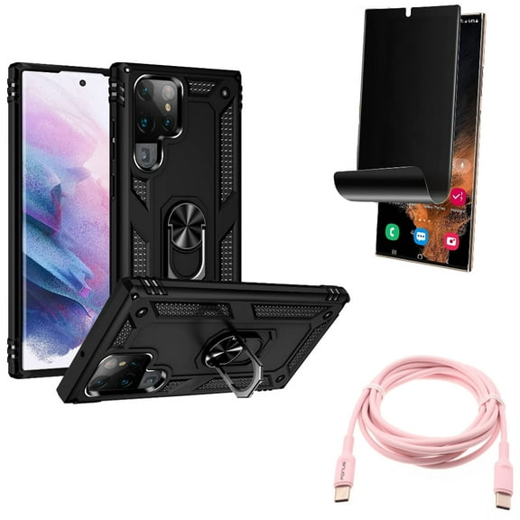 Pink 6ft Long Cable & Privacy Screen Protector & Hybrid Case Cover for Samsung Galaxy S22 Ultra (6.8") - Combo USB-C to Type-C PD Fast Charger Cord & TPU Film (Fingerprint) Anti-Peep & Metal Ring