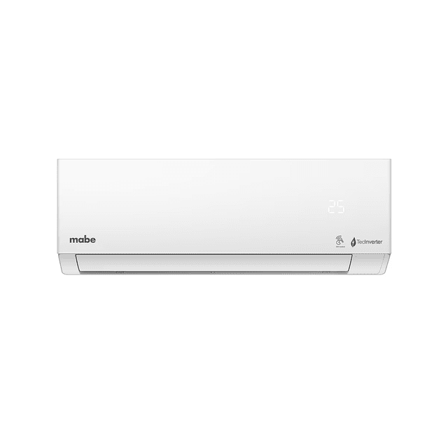 aire acondicionado inverter mabe minisplit 12k btu 115v frío unidad interior blanca, vista frontal centrada con panel rectangular delgado, logotipo Mabe a la izquierda, indicador digital a la derecha y lamas de salida inferiores visibles; especificado con TecInverter y gas R32, dimensiones 20 x 80.5 x 29.2 cm, apto para enfriar habitaciones y control por WiFi.