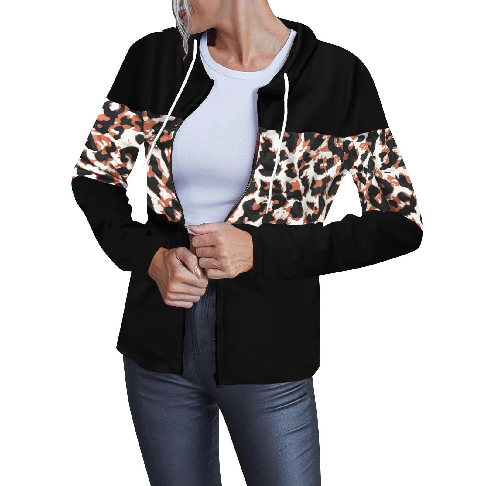 JDEFEG Bed Jackets Ladies Fashion Casual Colorblock Leopard Print Cropped Zip Jacket Lights Top Women Winter Coats for Women Polyester,Spandex Black M - Walmart.com