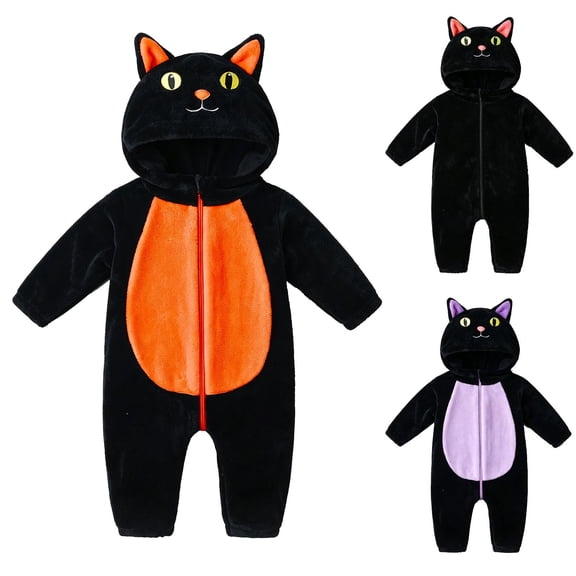 Baby Toddler Halloween Black Cat Hooded Jumpsuit Long Sleeve Zipper Warm Animal Outfit 6M-24M