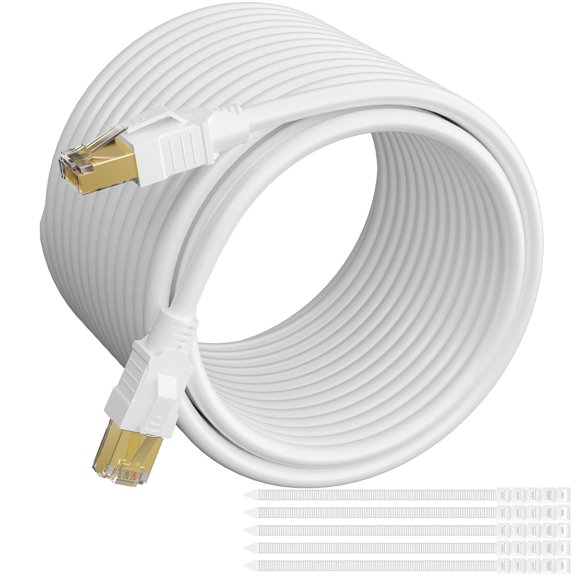shiyou-CAT 6E Cat 7 Ethernet Cable 20 Ft White, High-Speed Triple Shielded Internet Network Cable, S/FTP, POE, 26AWG 10Gbps Long CAT6A RJ45 LAN Cable Cord, Flexible &Durable for Outdoor &Indoor +Tie