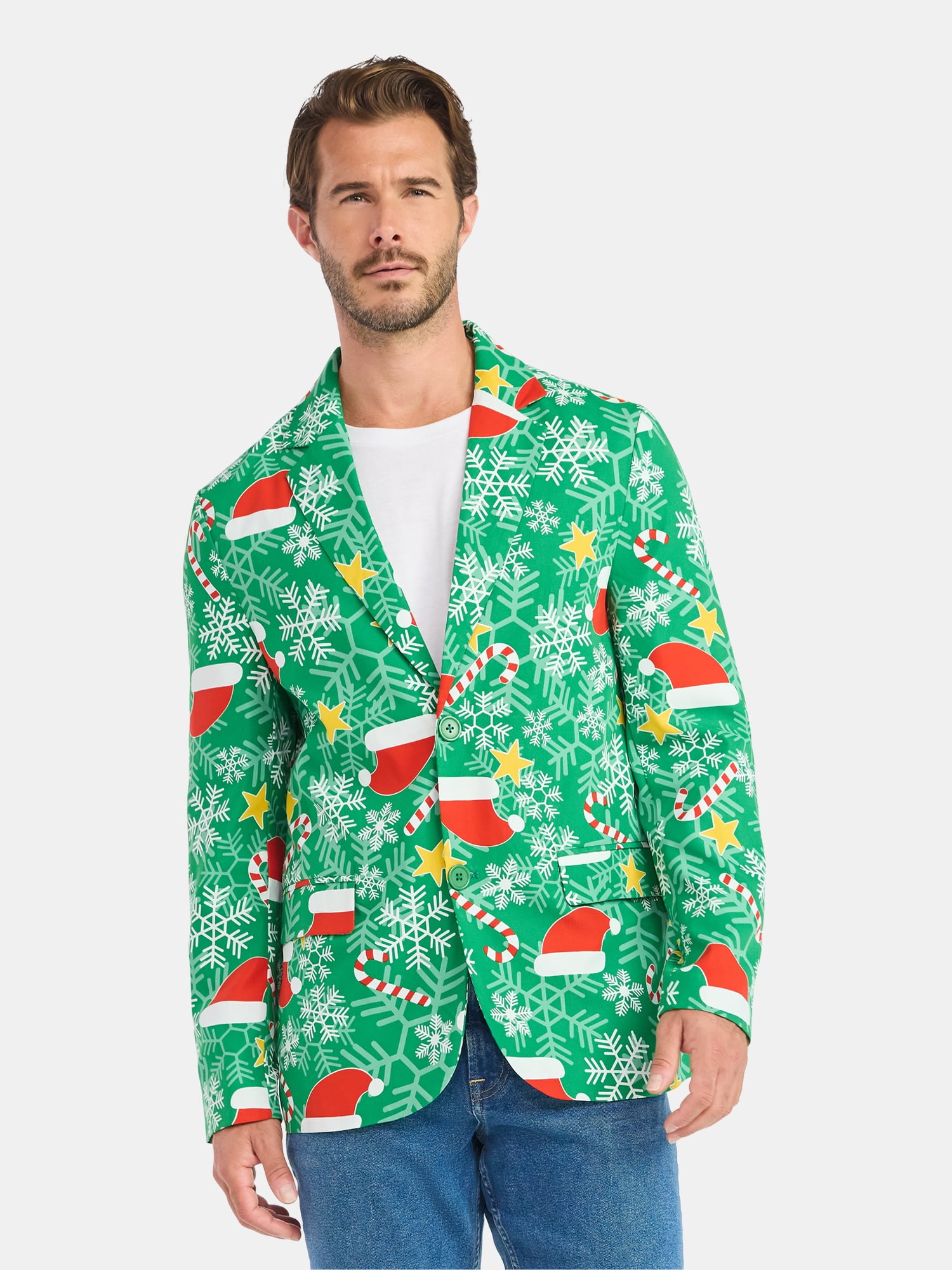Jolly Knits Men's and Big Men's Christmas Holiday Print Suit Jacket Blazer, Sizes S-3XL