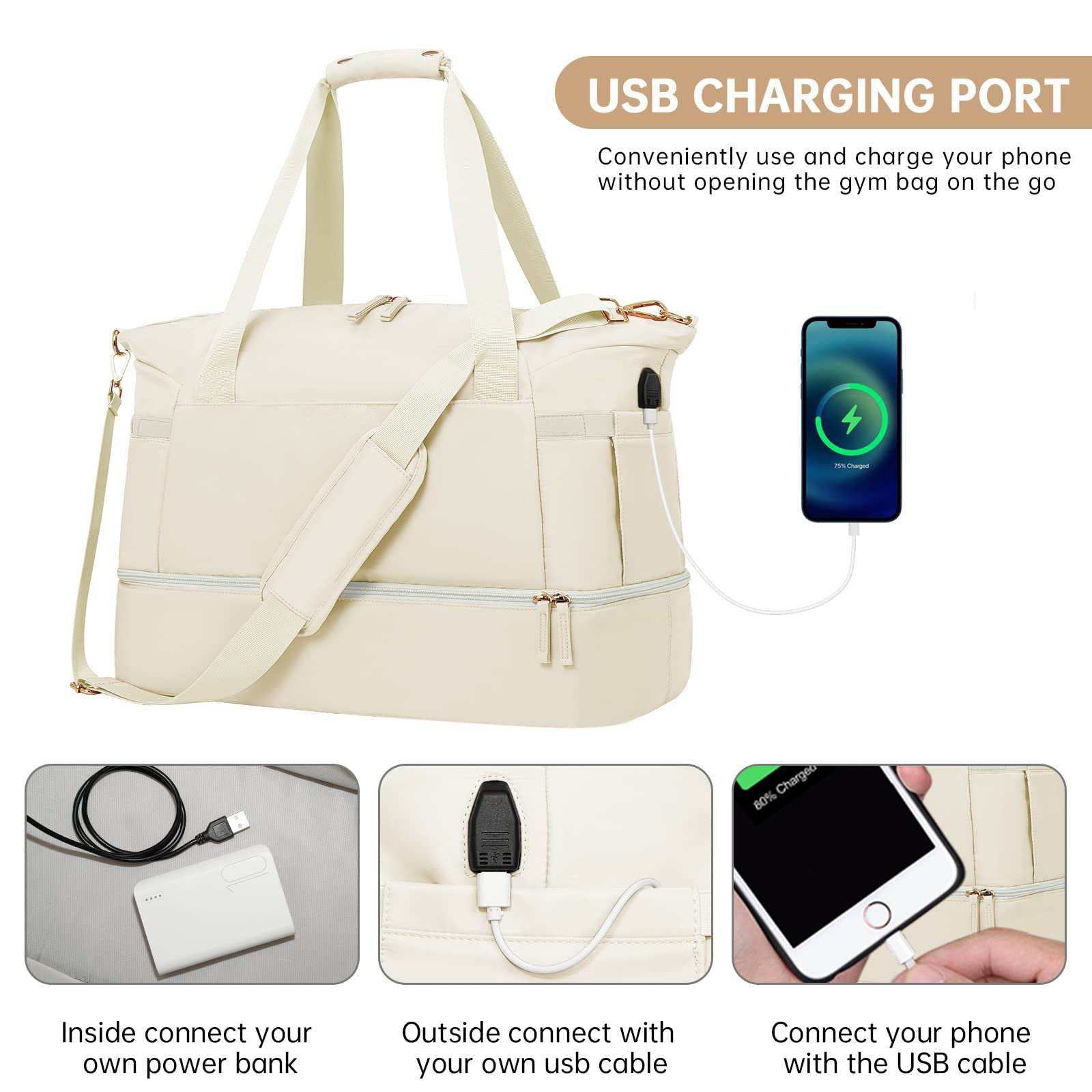DAKIMOE Travel Duffel Bag for Women Gym Bag with USB Charging Port Large Weekender Overnight Bag Yoga Duffle Bags with Wet Pocket and Shoes Compartment, Beige