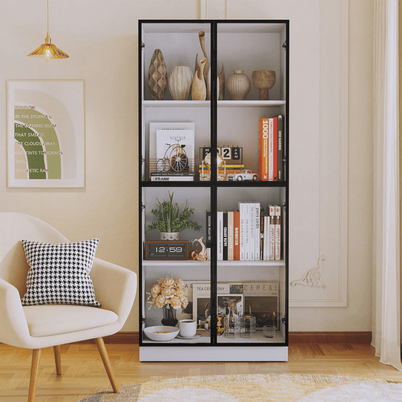 Display Cabinet with Glass Doors, Tall Storage Cupboard, Freestanding Curio Display Cabinet with 4-Tier Storage Shelves for Collectibles, Living Room, Home Office