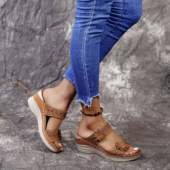 LSLJS Summer Retro Casual Flowers High-Heeled Flat-Bottomed Ladies Wedge Slippers, Women's Slippers