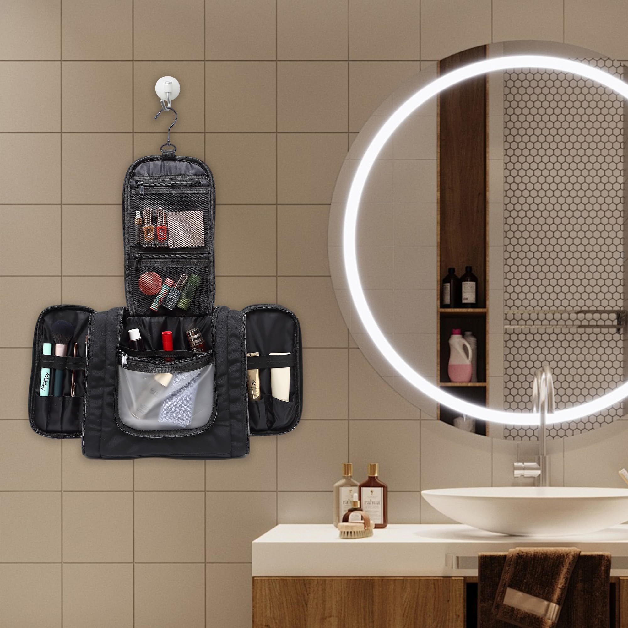 Xl-Kang Hanging Toiletry Bag for Women Travel Makeup Bag Organizer Toiletries Bag Men for Cosmetics Essentials Accessories (black)