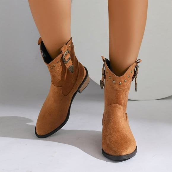 Fankiway Women's Western Fringe Boots for Women Ankle Booties with Buckle Block Heel Suede-Like Material Brown