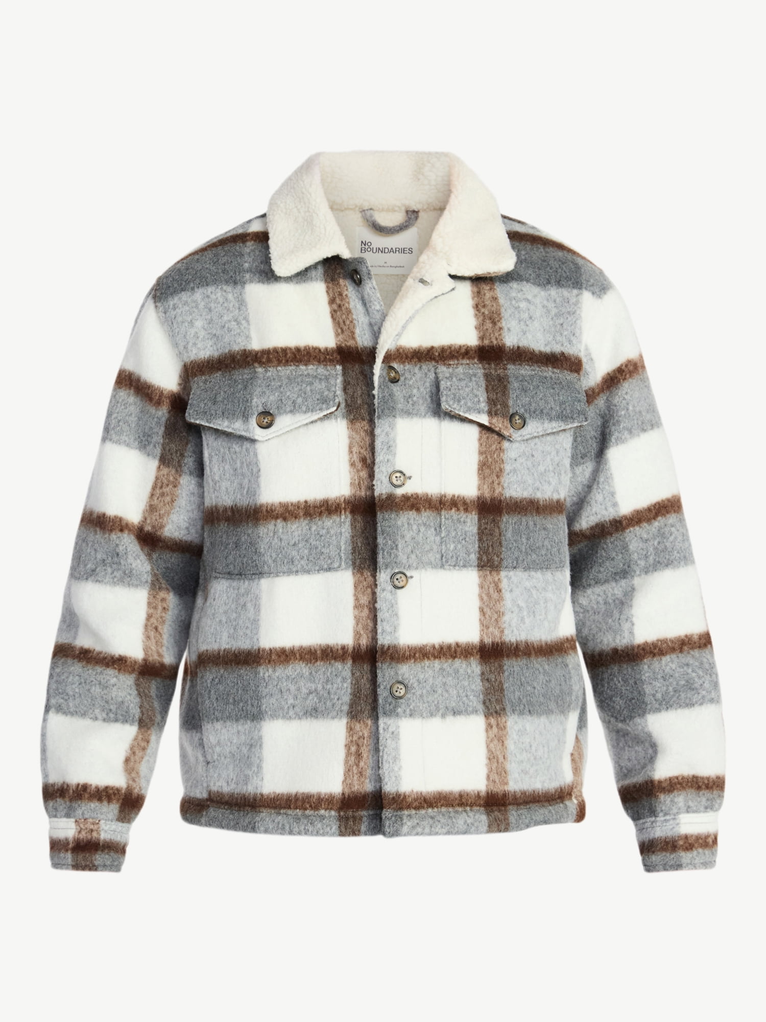 No Boundaries High-Pile Fleece Lined Plaid Overshirt, Men’s and Big Men’s