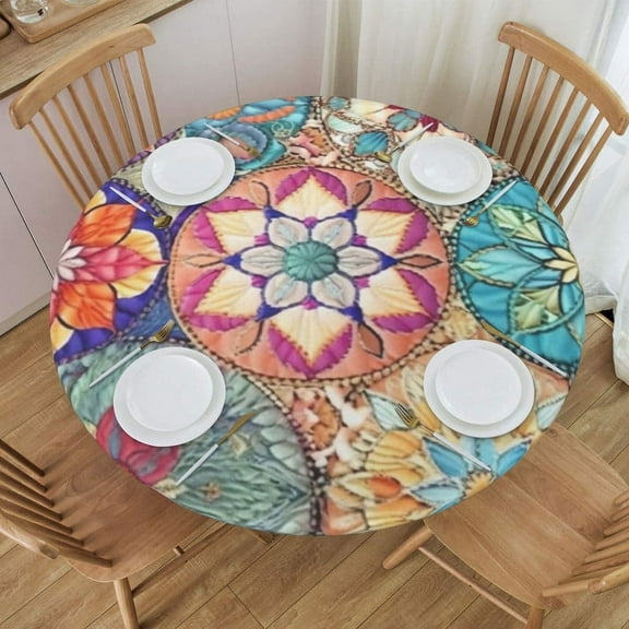 Mandala Round Fitted Tablecloth with Elastic Fitted Table Covers for Round Tables 62"-68" ,24ju29caA65