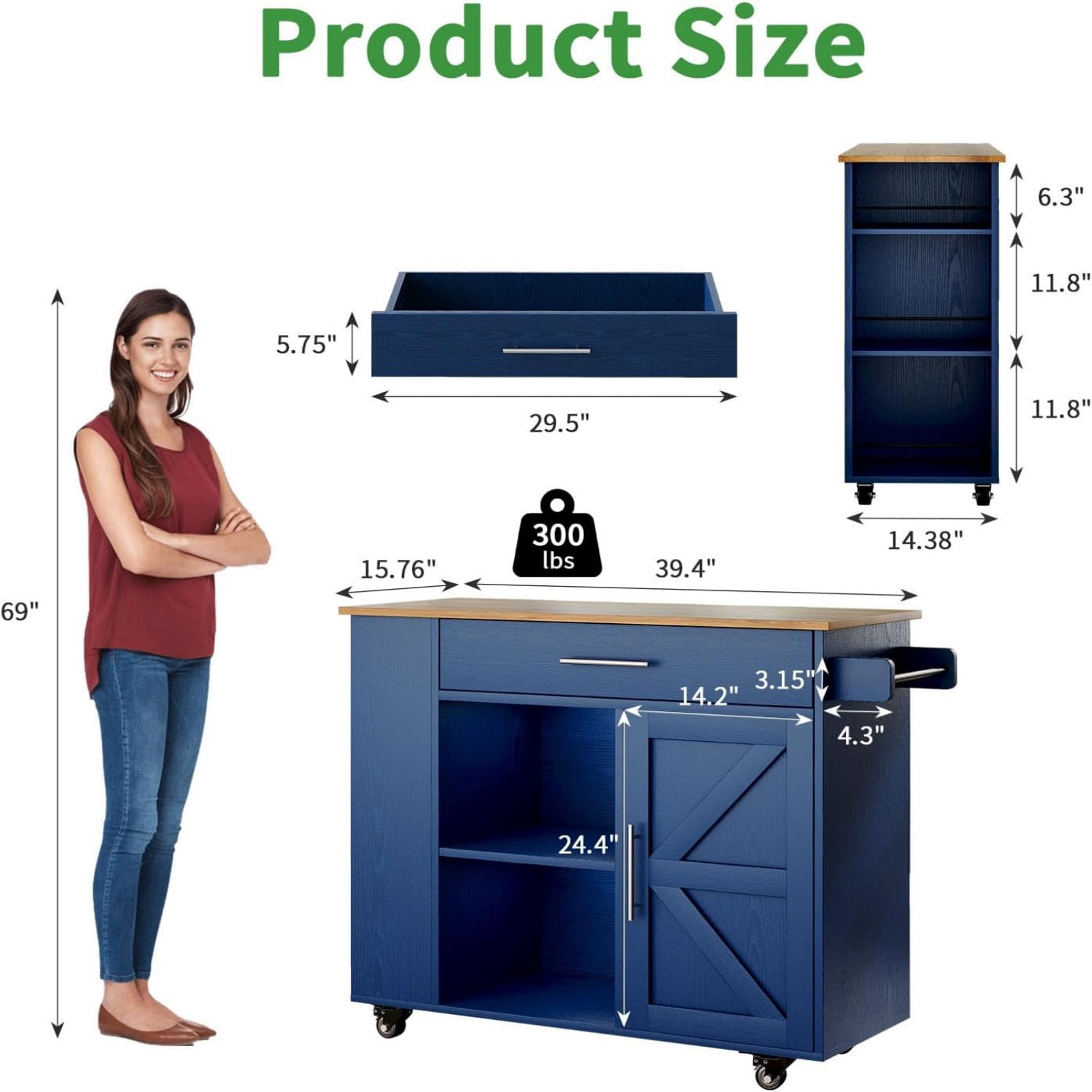 DreamCurship 39" Kitchen Island Cart with Storage, Kitchen Cart Island on Wheels, Rolling Kitchen Island with Spice Rack & Towel Rack, Island Table for Kitchen, Blue