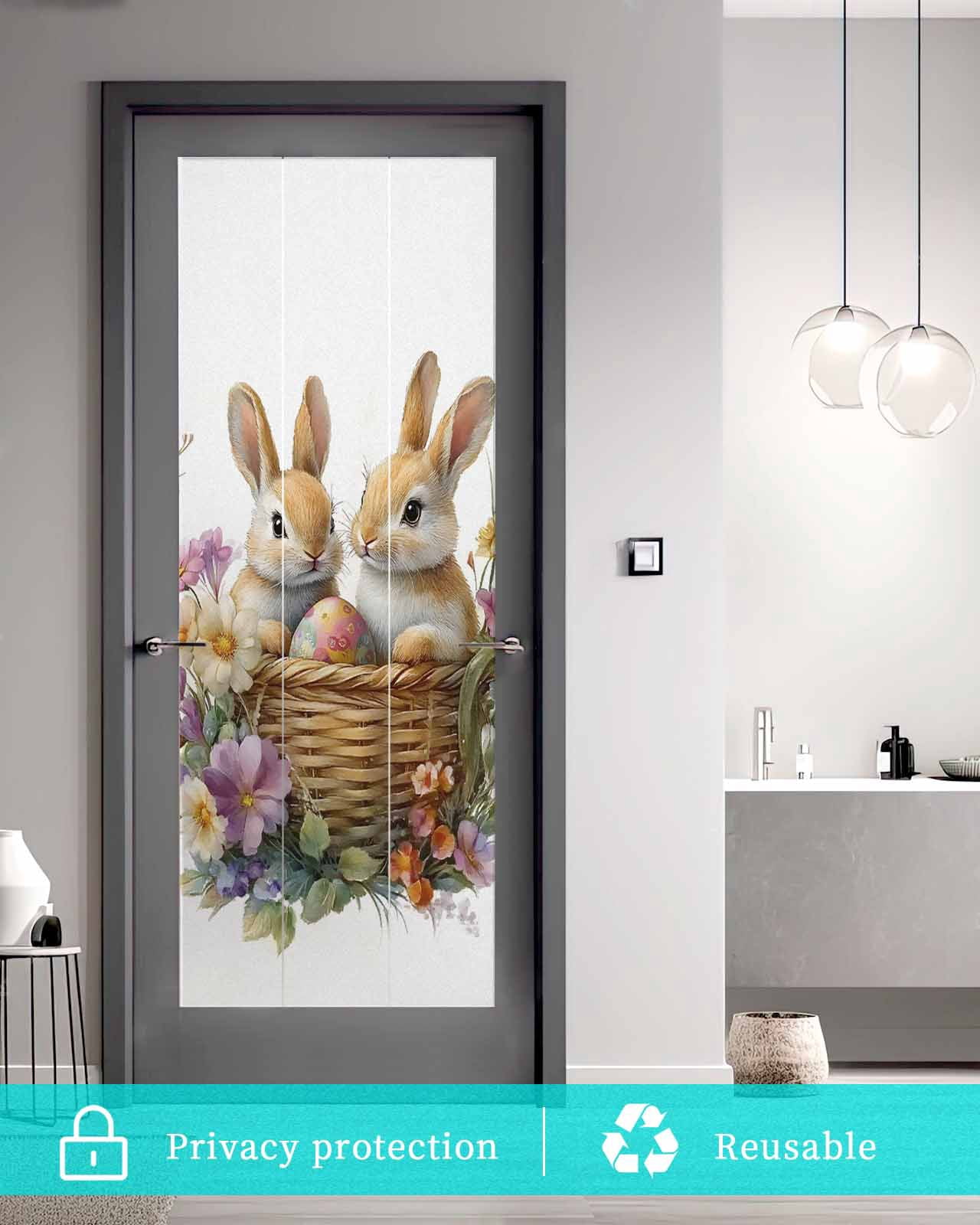 Window Privacy Film Spring Easter Stained Glass Window Film Decorative Sun Block Window Cover Bunny Floral Blooming Botanical Window Clings Static Adhesive Sticker for Bathroom 35.4"x78.7"