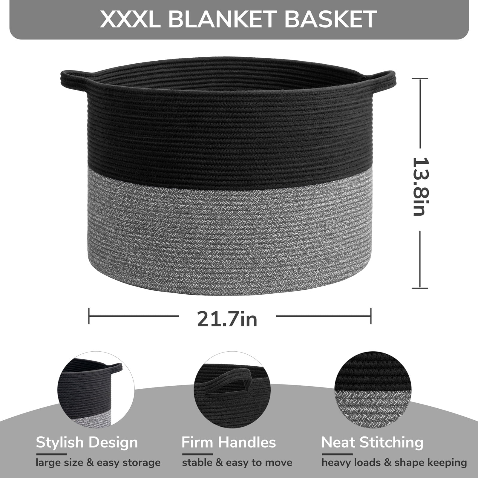 Timeyard Large Woven Laundry Hamper Basket - Decorative Storage Organizer for Living Room, Holds Toys Pillows Blankets Clothes - 21.7" x 21.7" x 13.8"-Black & Grey