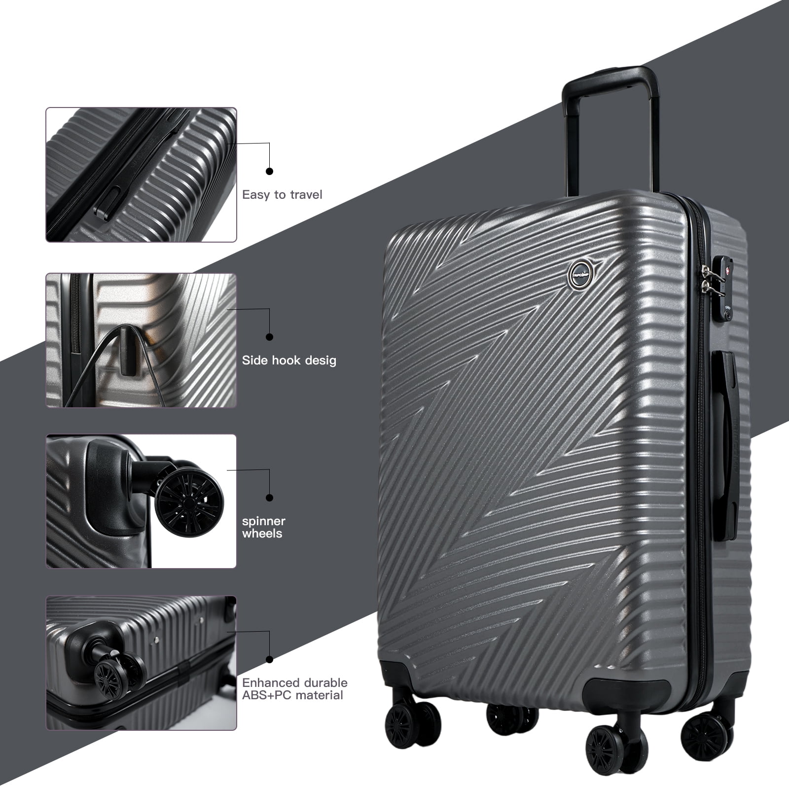 Tripcomp Luggage 3 Piece Set,Suitcase Set with Spinner Wheels Hardside Lightweight Luggage 20in24in28in.(Dark Grey)