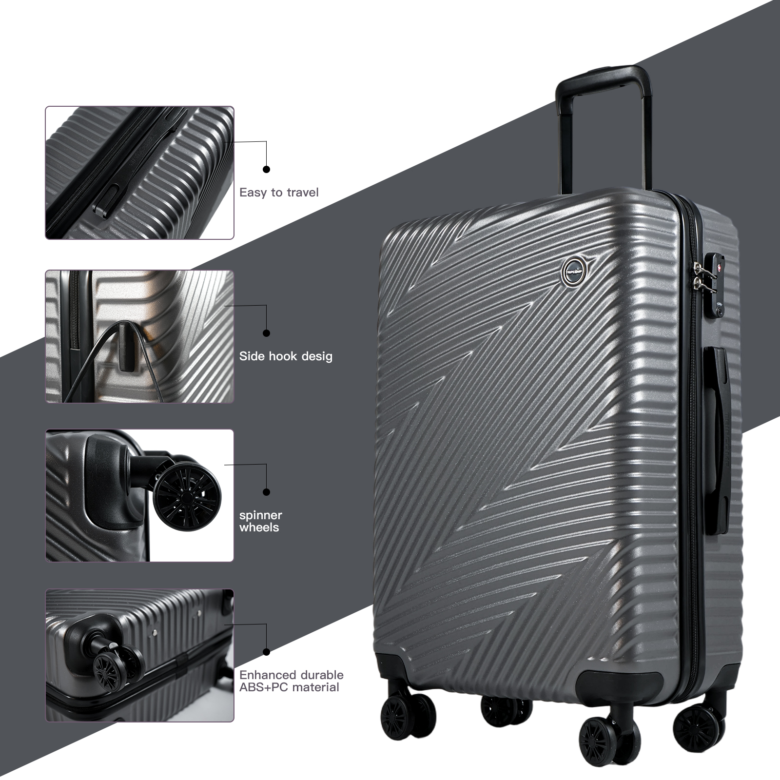 TRIPCOMP 3-Piece Hardside Luggage Set with Spinner Wheels and TSA Lock, Dark Grey photo 7