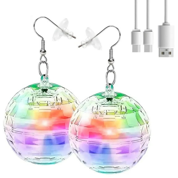 HOMEYA 1 Pairs Disco Ball LED Earrings 16 Light Modes Rechargeable Lighting Up Earring for Halloween Xmas Dance Party