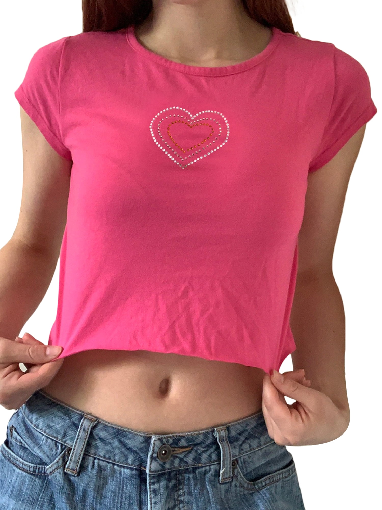 Kritisere te beviser Afunbaby Women's Crop Tops Round Neck Short Sleeve Love-Heart Rhinestone  Pattern Casual T-shirts Tees - Walmart.com