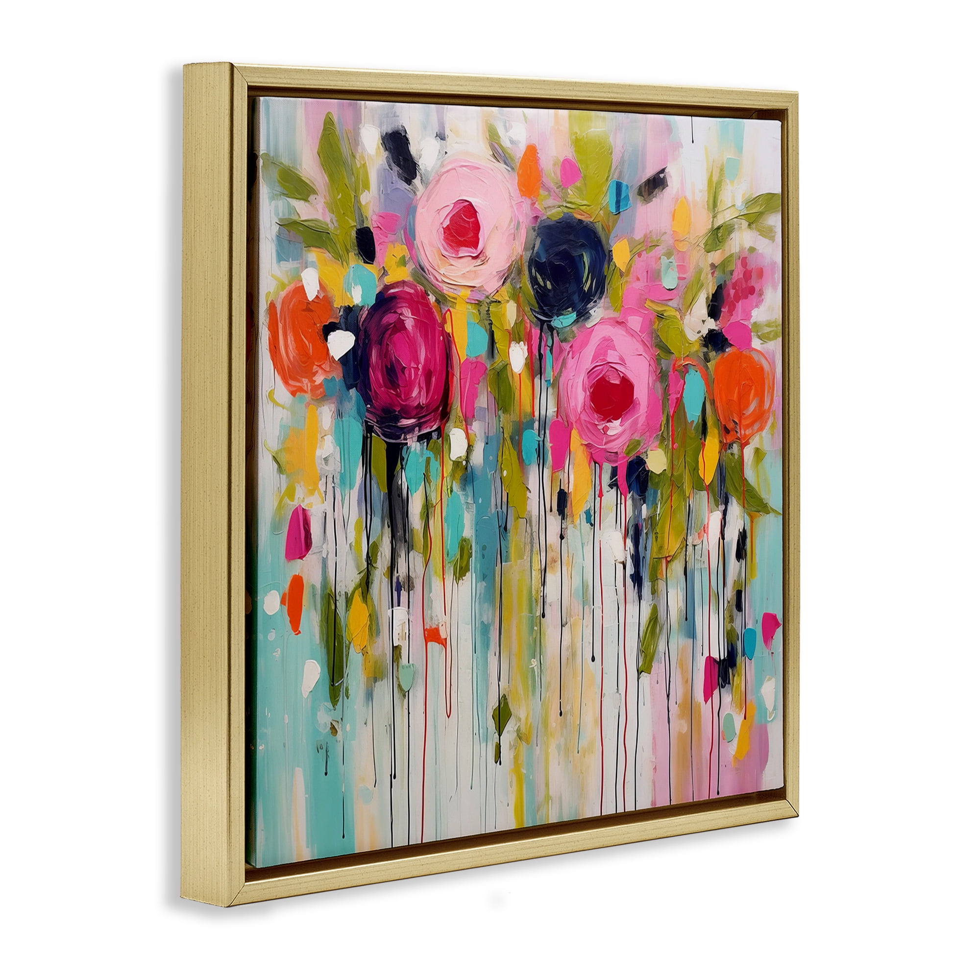 Stupell Industries Paint Drip Roses Plants & Flowers Painting Gold Floater Framed Canvas Art Print Wall Art, 18 x 18