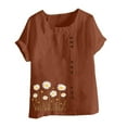 thumbnail image 4 of Cmfcve Women's Graphic Tops Short Sleeve Round Neck Cotton Linen Tee Shirt Daisy Printed Henley Blouse, 4 of 5