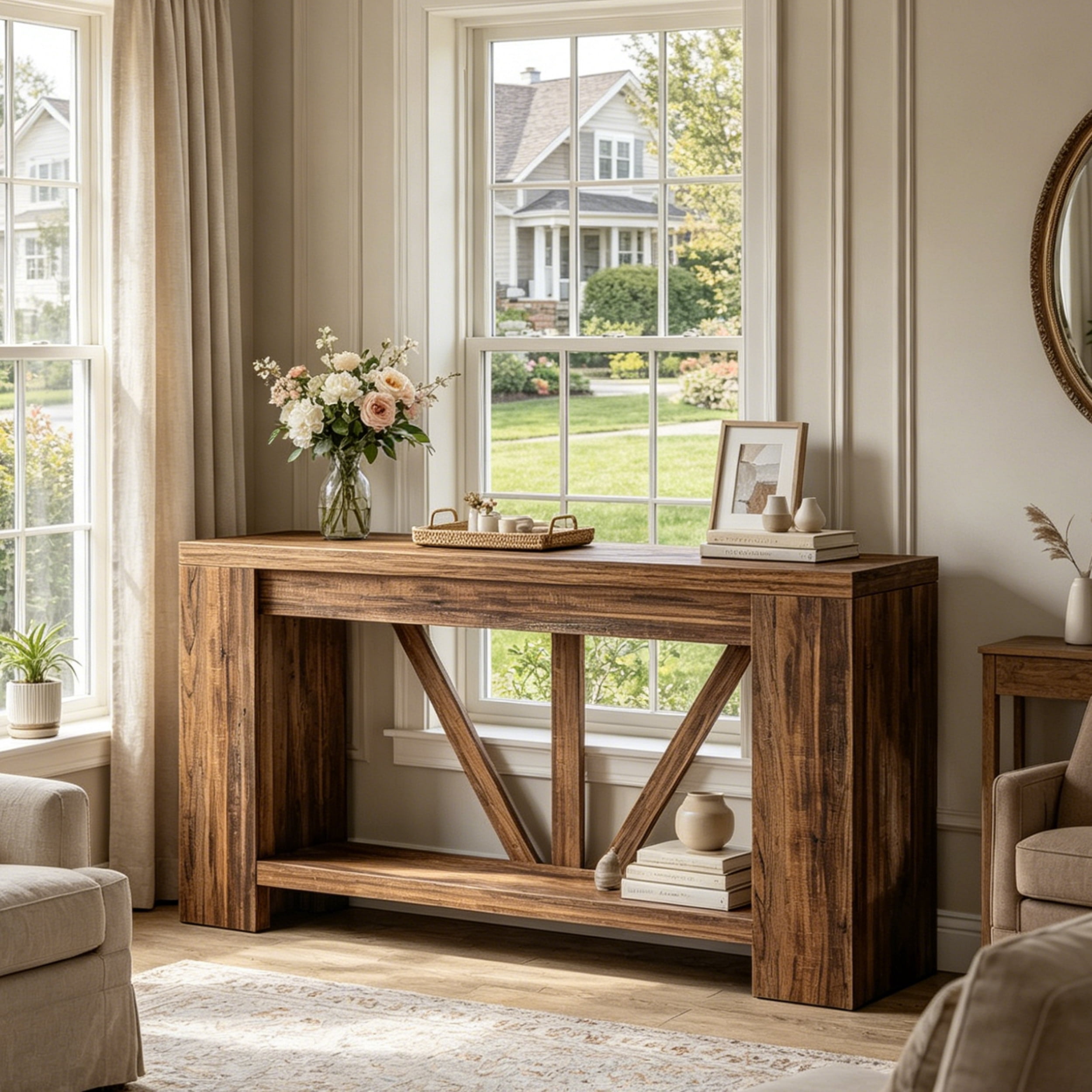 Fnova 70.9" Console Table, 2-Tier Farmhouse Entryway Table, Narrow Long Wood Sofa Table Behind Couch with V-Shaped Support for Living Room, Hallway, Foyer