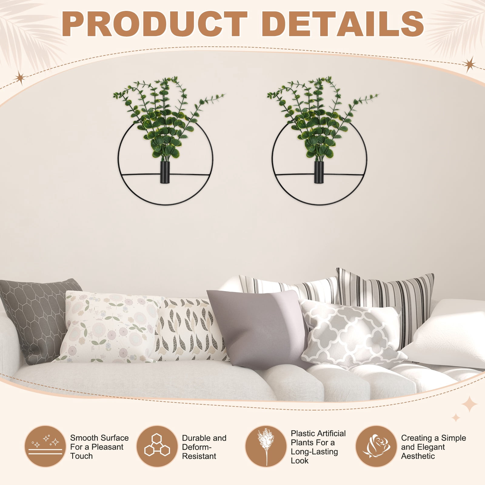 Uxcell 2 Set Plant Wall Decor, Hanging Planters with Artificial Eucalyptus Metal Hanging Vase Round Shape for Room [Black]