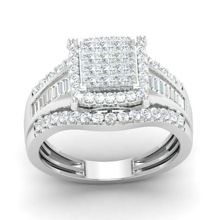 10K White Gold 1.02 Ct Princess Cut Diamond Cluster Engagement Ring I2