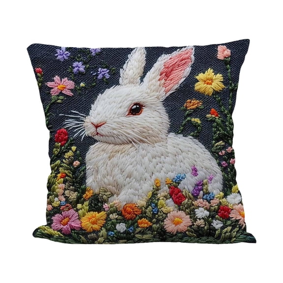 Spring Easter Bunny Throw Pillow Covers for Outdoor Patio Chair Decor, Knitted Rabbit Floral Embroidery Throw Pillow Cover Sofa Couch Cushion Case, Easter Bunny Eggs Cotton Fabric Cushion Case Cover