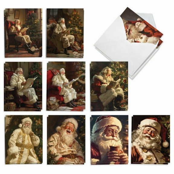 The Best Card Company 20 Assorted Christmas Notecards Box Set 4 x 5.12 Inch with Envelopes (10 Designs, 2 Each) Santa At Home AM10039XSG-B2x10