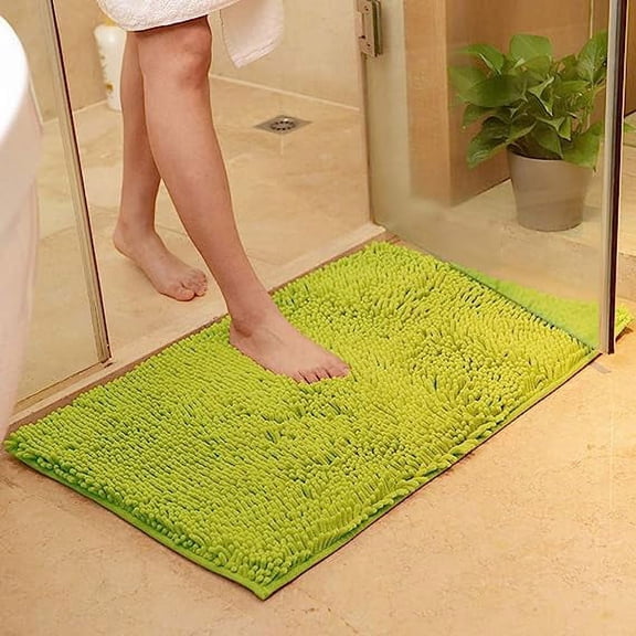 NAMZI Plush Chenille Bath Rugs Extra Soft and Absorbent Microfiber Shag Rug, Non-Slip Runner Carpet for Tub Bathroom Shower Mat Grass Green 16" X 24"