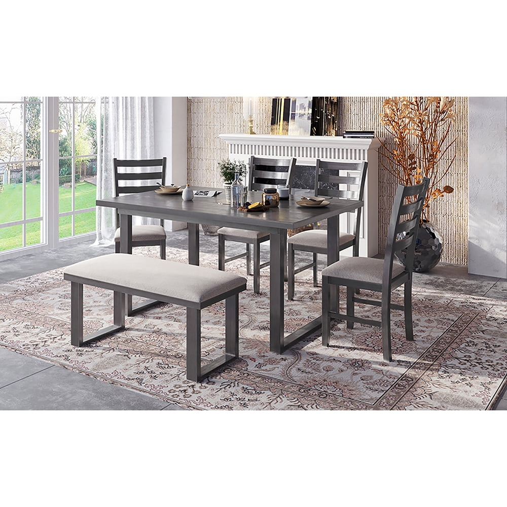 Kadyn 6-Pieces Dining Room Table Set, Rectangular Table & 4 Chairs with Bench, Dining Table Sets for Dining Room, Gray
