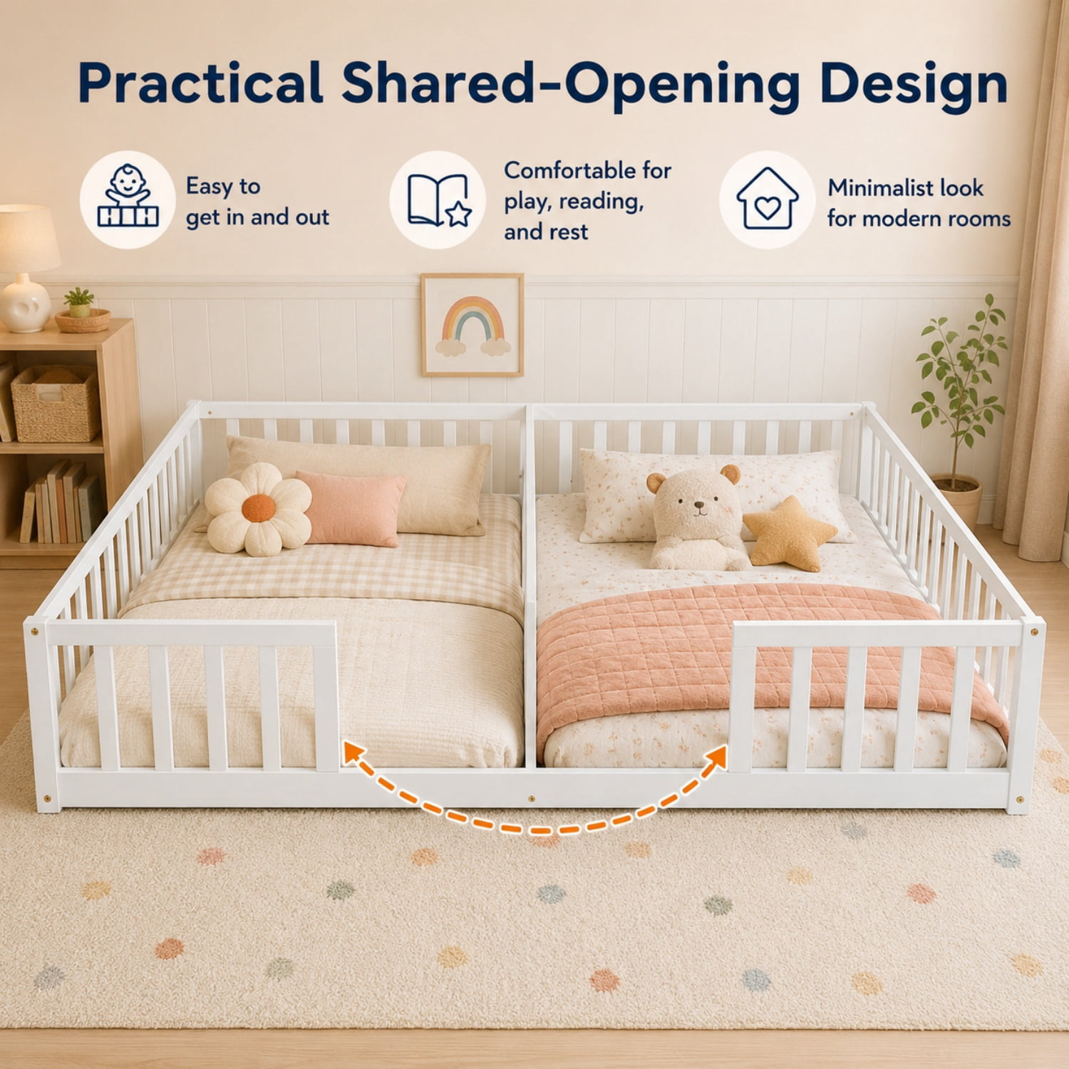 Miniyam Double Twin Floor Bed for Kids, Wood Bed Frame with Guardrails, Low Profile Design, White