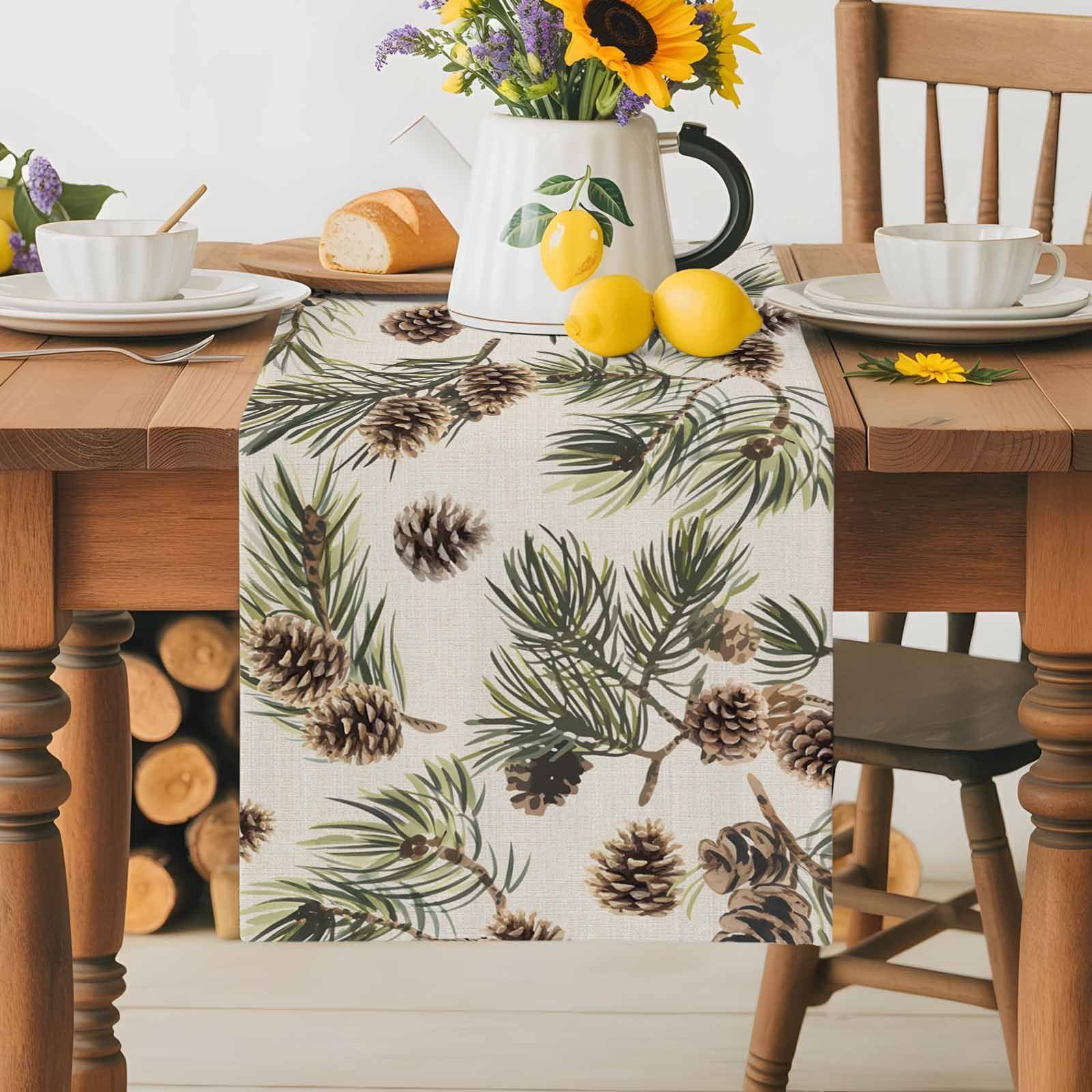 Brown Pine Cones Table Runner, Green Leaves Branch Vintage Linen Kitchen Table Runners Dress Scarves for Table Decorations Party/Restaurant/Indoor Outdoor Use, 13x90in
