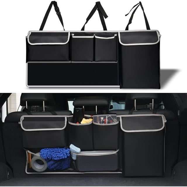 Organizador colgante para maletero, bolsa de asiento trasero, accesorios interiores del automóvil con 4 bolsillos y 2 bolsas de malla para comestibles, proporcionará más espacio de almacenamiento
