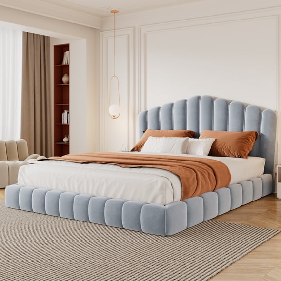 Velvet Upholstered Queen Bed Floor Bed Frame Shell-Shaped Headboard for Bedroom, No Box Spring Needed, Light Blue