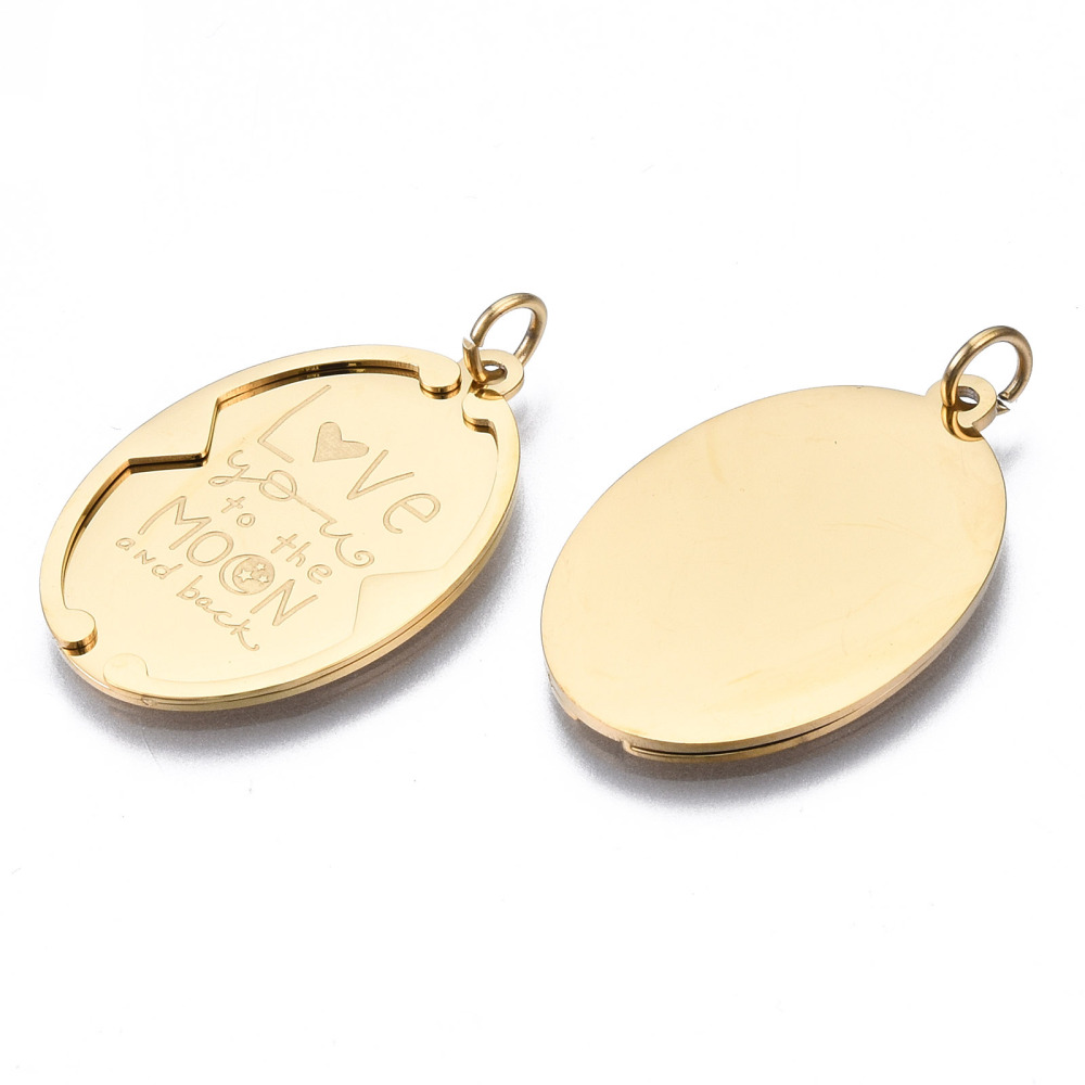 316 Surgical Stainless Steel Pendants with Jump Rings Oval with Word Love Moon Real 14K Gold Plated 27.5x18x1.5mm Hole: 3mm Jump Ring: 5x1mm