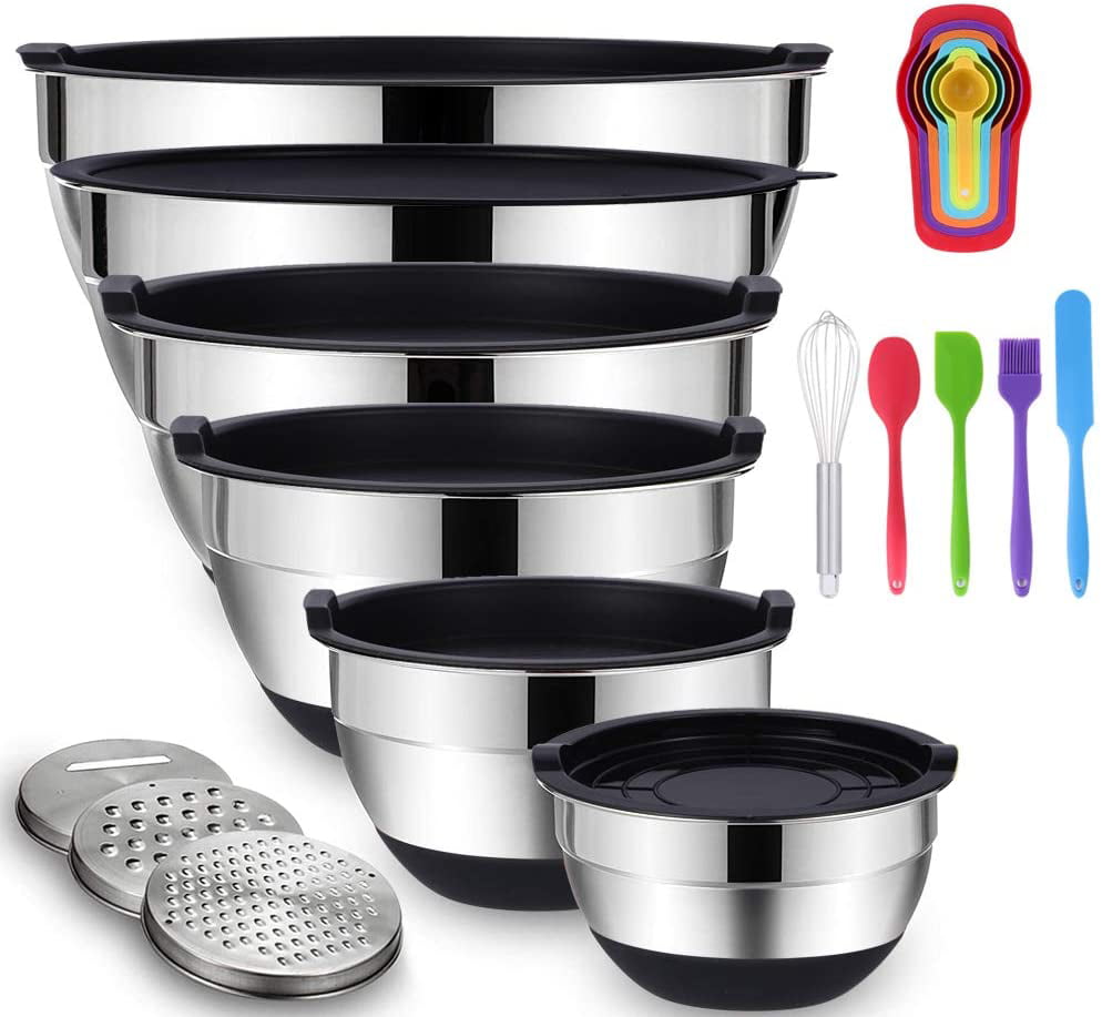 3 Grater Attachments Mixing Bowls Set of 5 Stainless Steel w Airtight Lids 