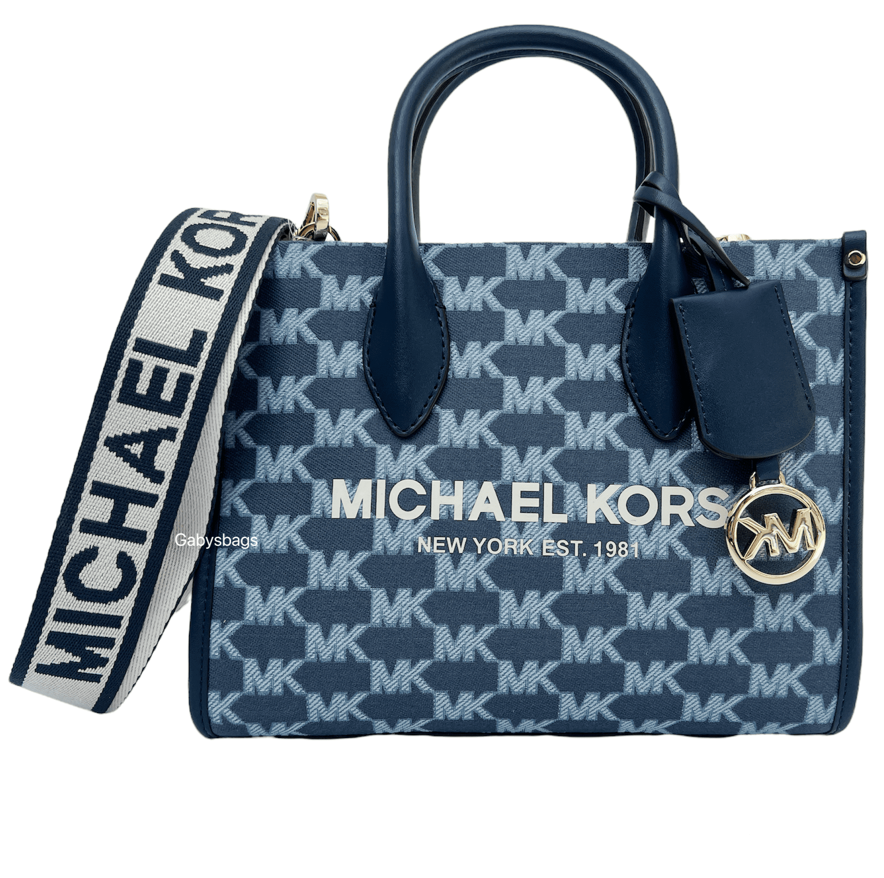 Michael Kors Mirella Small Shopper Top Zip Crossbody Bag Navy Blue Jacquard  MK 