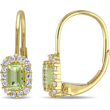 Tangelo 7/8 Carat T.G.W. Peridot and White Sapphire 10kt Yellow Gold Halo Leverback Earrings
