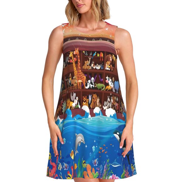 Bixox Animals On Noah's Ark2 Print Women's Sleeveless A-Line Dress with Pockets, Casual Knee-Length Tank Dress for Summer-XX-Large