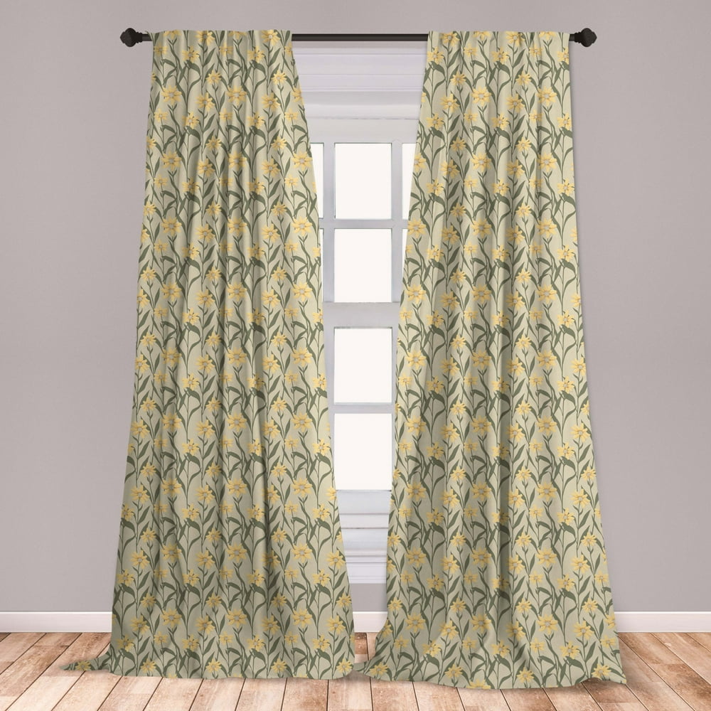 Yellow and Green Curtains 2 Panels Set, Chamomile with Retro Design