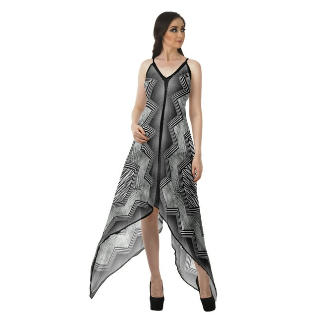 Moomaya Robe à Ourlet en Foulard pour Femmes, Imprimée, Col en V, Ourlet Asymétrique