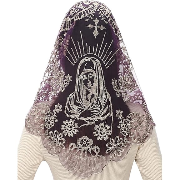 Bozidol Triangle Church Mantilla Veil Catholic Mass Chapel Lace Veil Religious Christian Gift for Women (Purple-Gold)