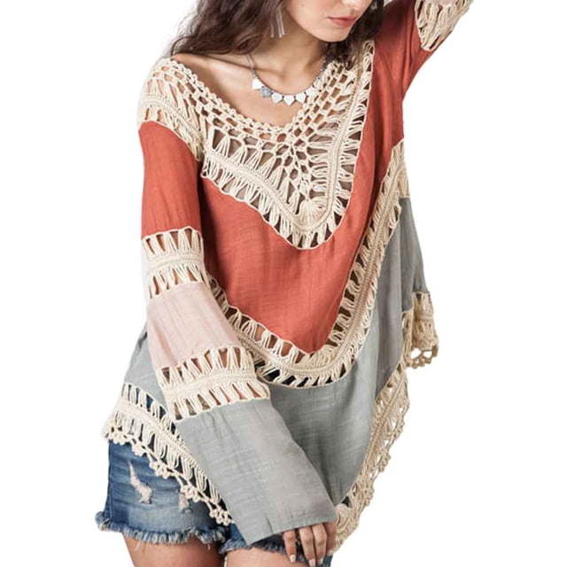 Mujeres Crochet Hollow out Patchwork Blusa suelta Boho Bikini de manga larga Tops Chica Cuello en V Traje de baño Bata Cover Up Methold FS7485-01